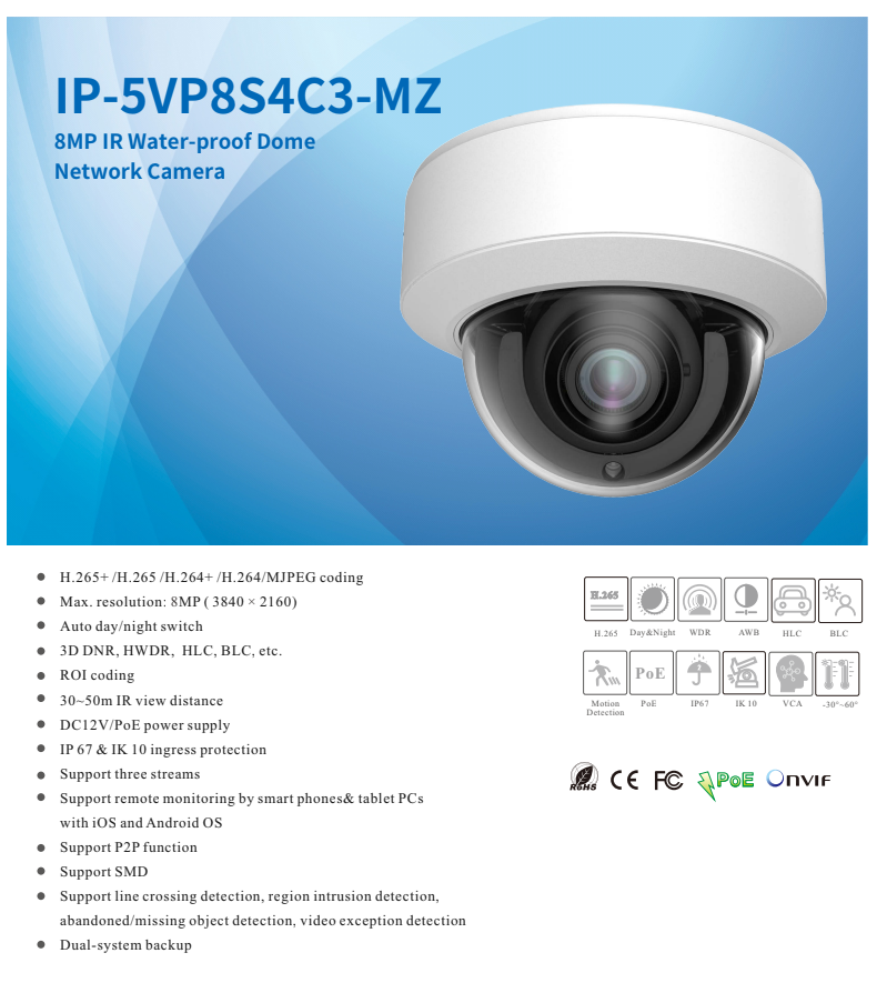 ENS Titanium IP-5VP8S4C3-MZ IP 8MP 4K 2.8-12mm Motorized Zoom 164ft IR AI Vandal NDAA Dome Camera
