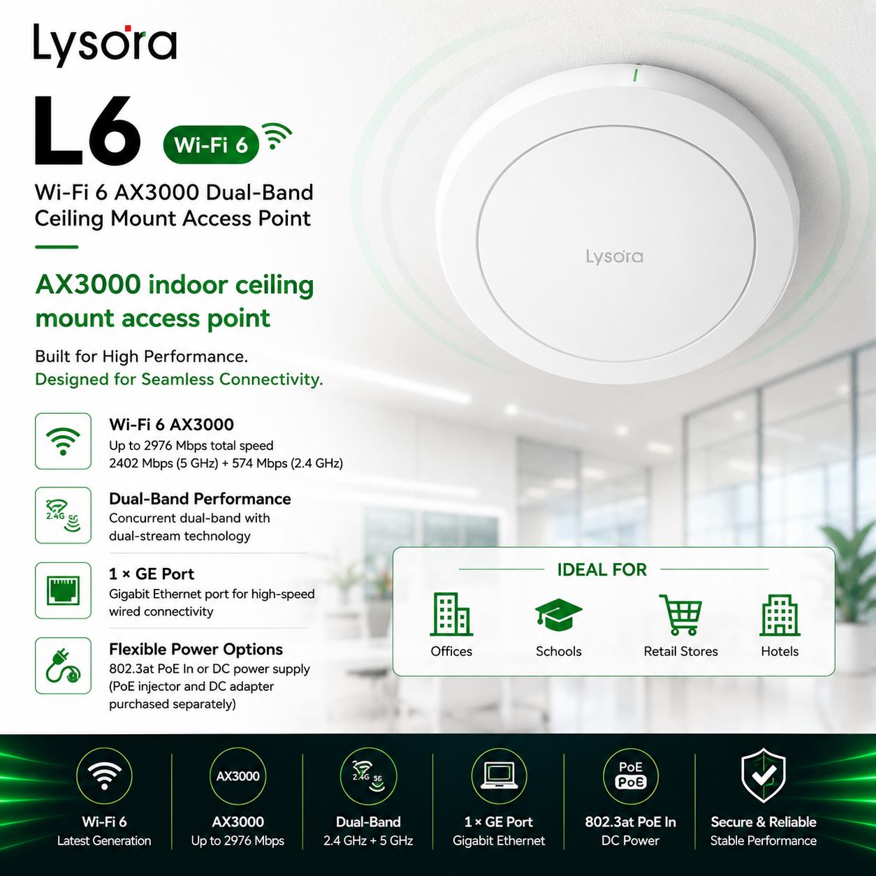 Lysora L6 Wi-Fi 6 AX3000 Dual-Band Gigabit Indoor Ceiling Mount Access Point NDAA