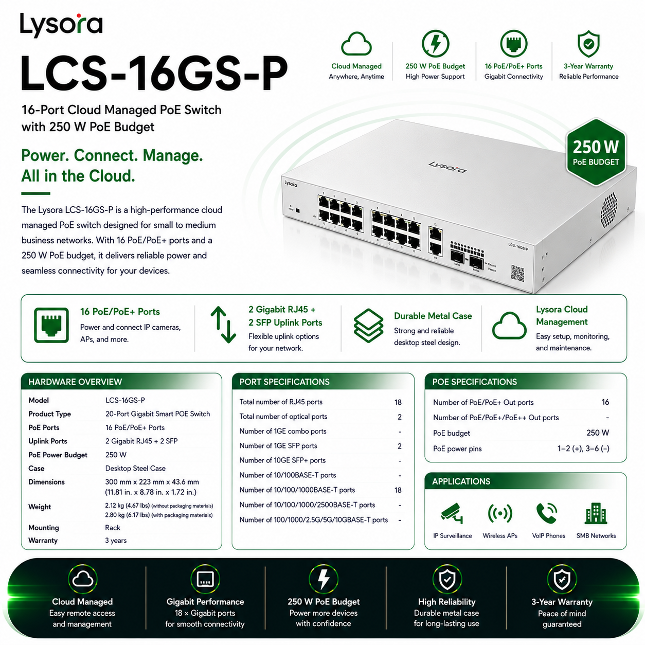 Lysora LCS-16GS-P 16-Port Gigabit Cloud Managed PoE Switch with 2 SFP Uplinks NDAA