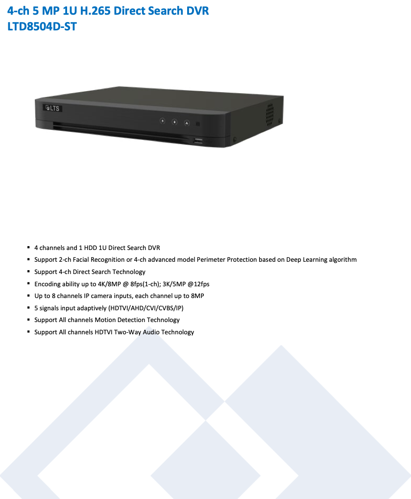 LTS Platinum LTD8504D-ST 4CH 4K/8MP TVI/AHD/CVI/CVBS + 4CH IP Up to 4K/8MP Direct Search DVR Replacement for LTD8504M-ST, LTD8504K-ST, LTD8504K-DT, LTD8504T-ST