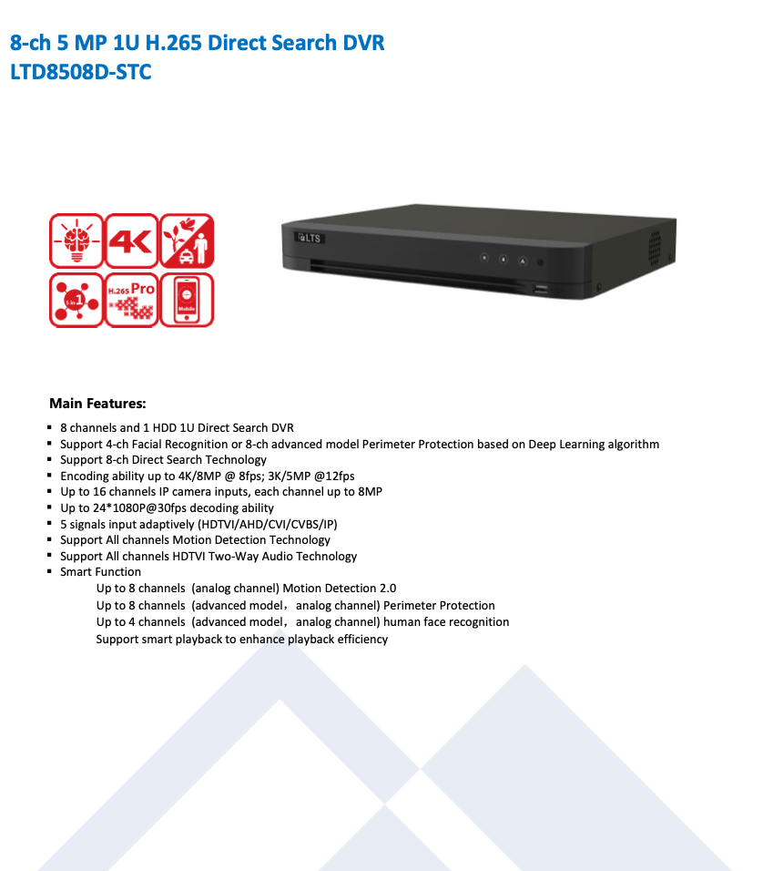 LTS Platinum LTD8508D-STC 8CH 4K/8MP TVI/AHD/CVI/CVBS + 8CH IP Up to 4K/8MP Direct Search DVR Replacement for LTD8508M-ST, LTD8508K-ST