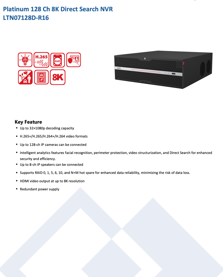 LTS Platinum LTN07128D-R16 IP 8K 128CH 16 SATA RAID Direct Search Redundant Power NVR
