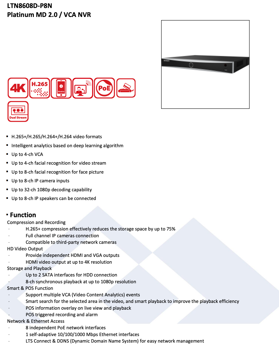 LTS Platinum LTN8608D-P8N IP 8CH 8K 8 PoE Upto 32MP 80Mbps Direct Search Deep Learning NVR Replacement for LTN8608-P8N, LTN8608-P8, LTN8608D-P8