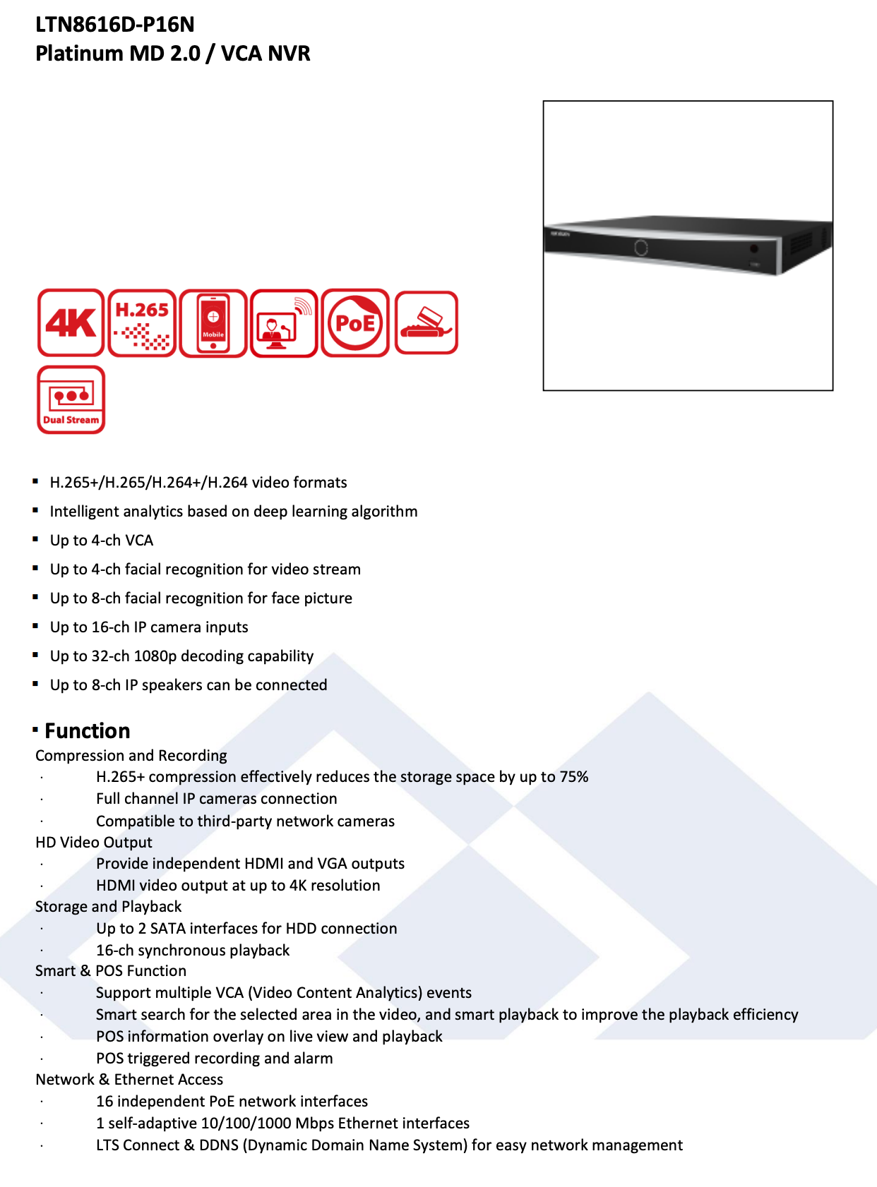 LTS Platinum LTN8616D-P16N IP 16CH 8K/32MP H.265+ Recording 16 PoE 160Mbps Direct Search NVR Replacement for LTN8616-P16N, LTN8616-P16, LTN8616D-P16