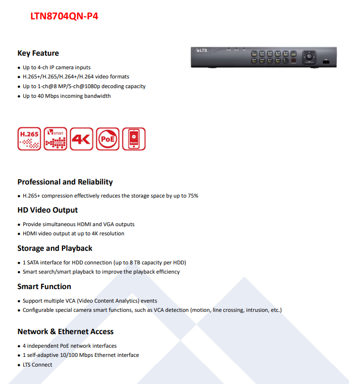 LTS Platinum LTN8704QN-P4 4CH HD 4K Megapixel IP 4 POE Built-In 40Mbps Up to 8MP ONVIF NVR Replacement for LTN8704QN-P4, LTN8704Q-P4N, LTN8704-P4