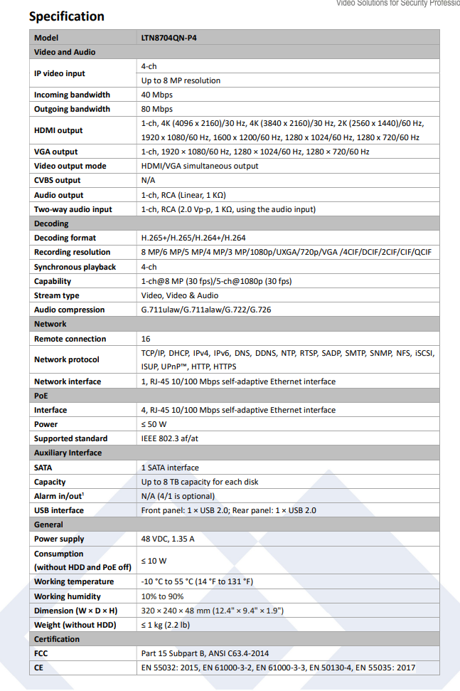LTS Platinum LTN8704QN-P4 4CH HD 4K Megapixel IP 4 POE Built-In 40Mbps Up to 8MP ONVIF NVR Replacement for LTN8704QN-P4, LTN8704Q-P4N, LTN8704-P4