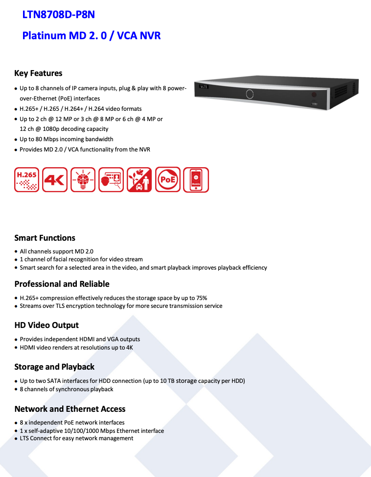 LTS Platinum LTN8708D-P8N IP 8CH 8 PoE Upto 12MP 80Mpbs Record Human and Vehicle Detect NVR Replacement for LTN8708K-P8, LTN8708Q-P8N, LTN8708QN-P8, LTN8708Q-P8, LTN8708-P8