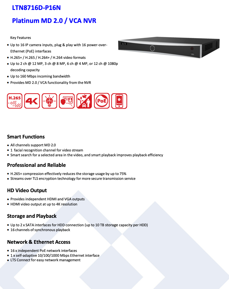 LTS Platinum LTN8716D-P16N IP 16CH 4K Built-In 16 PoE Upto 12MP 160Mbps Record Smart Ai NVR Replacement for LTN8716K-P16, LTN8716-P16, LTN8716-P8