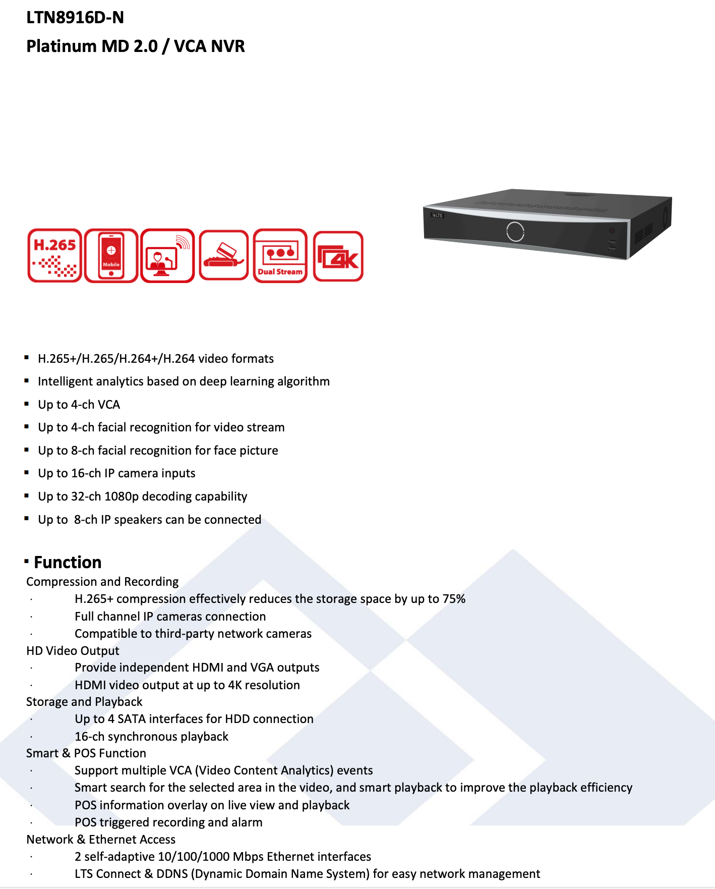 LTS Platinum LTN8916D-N IP 16CH 8K Direct Search 256Mpbs Up to 32MP Recording NVR Replacement for LTN8916-N, LTN8916H, LTN8916