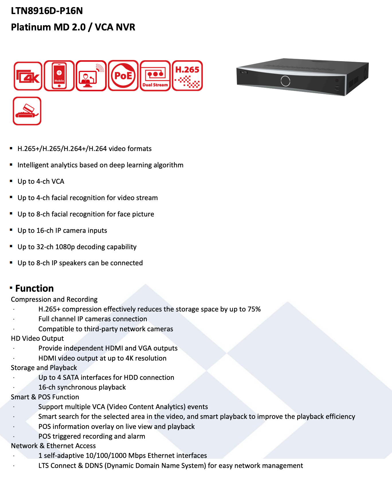 LTS Platinum LTN8916D-P16N IP 16CH 8K 16 Port PoE Up to 32MP Direct Seach Recording NVR Replacement for LTN8916-P16N, LTN8916H-P16, LTN8916-P16