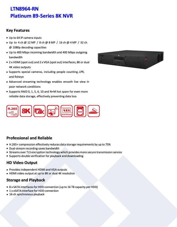 LTS Platinum LTN8964-RN IP 64CH 400 Mbps Bandwidth Support 32MP Recording 8K 2xHDMI RAID NVR Replacement for LTN8964-R, LTN8964-8