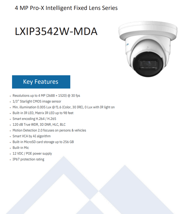 LTS Pro-X LXIP3542W-MDA IP 4MP 30fps 3.6mm Lens 98ft Matrix IR LED Ai Mic NDAA Dome Camera