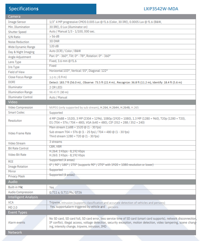 LTS Pro-X LXIP3542W-MDA IP 4MP 30fps 3.6mm Lens 98ft Matrix IR LED Ai Mic NDAA Dome Camera