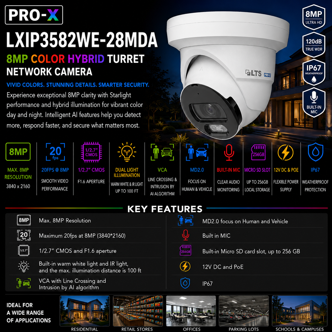 LTS Pro-X LXIP3582WE-28MDA IP 8MP 2.8mm 100ft Color Dual-Light Built-In Mic NDAA Turret Camera