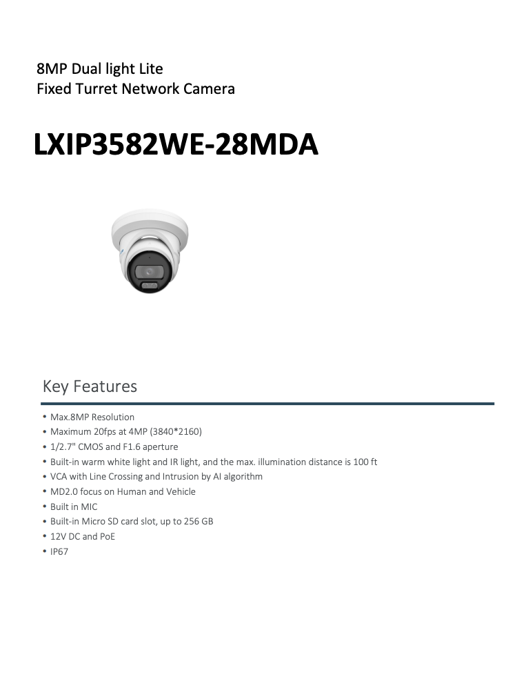 LTS Pro-X LXIP3582WE-28MDA IP 8MP 2.8mm 100ft Color Dual-Light Built-In Mic NDAA Turret Camera