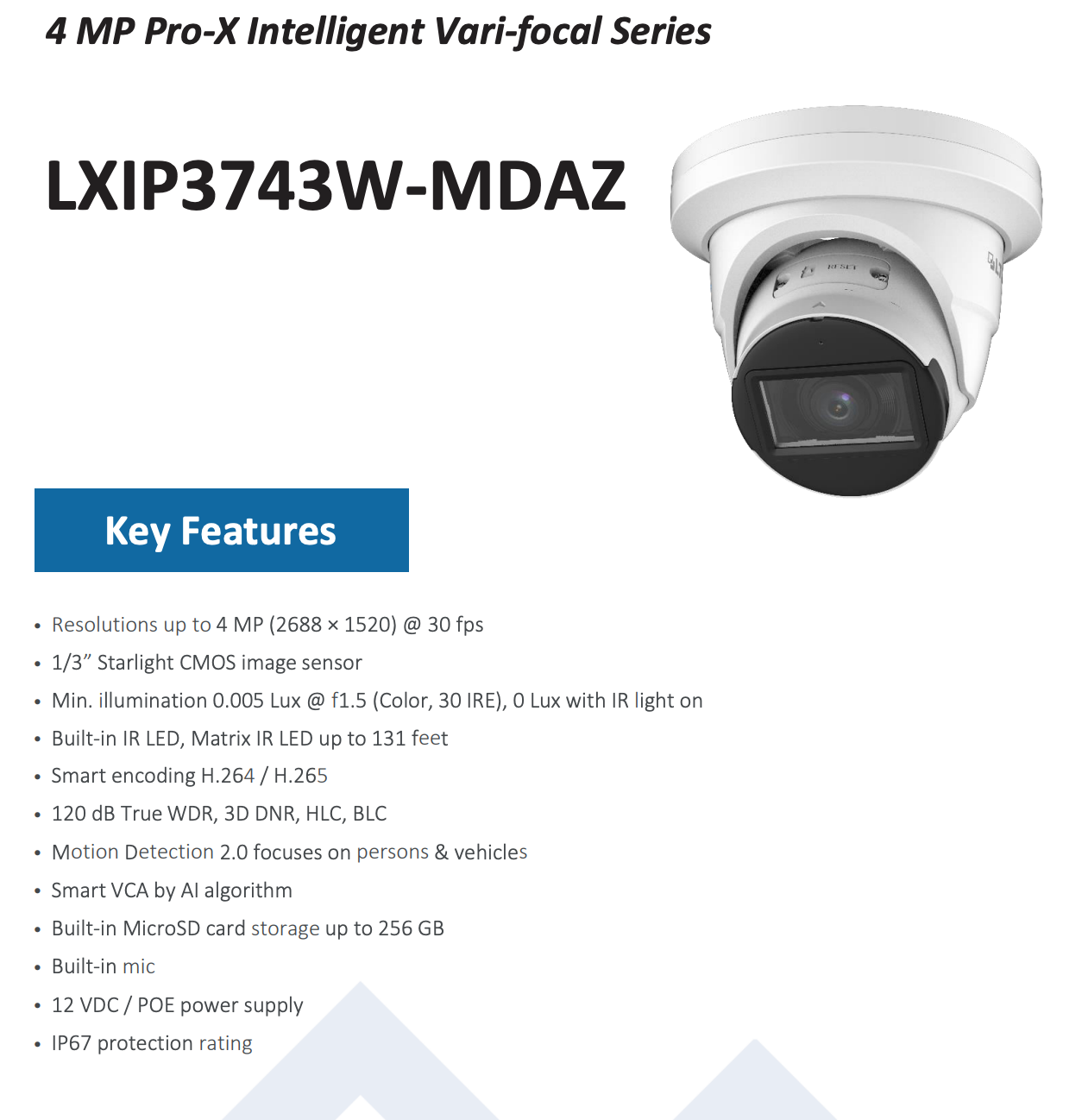 LTS Pro-X LXIP3743W-MDAZ Pro-X IP 4MP 2.7-13.5mm 131ft IR WDR Builtin Mic Ai Turret Camera