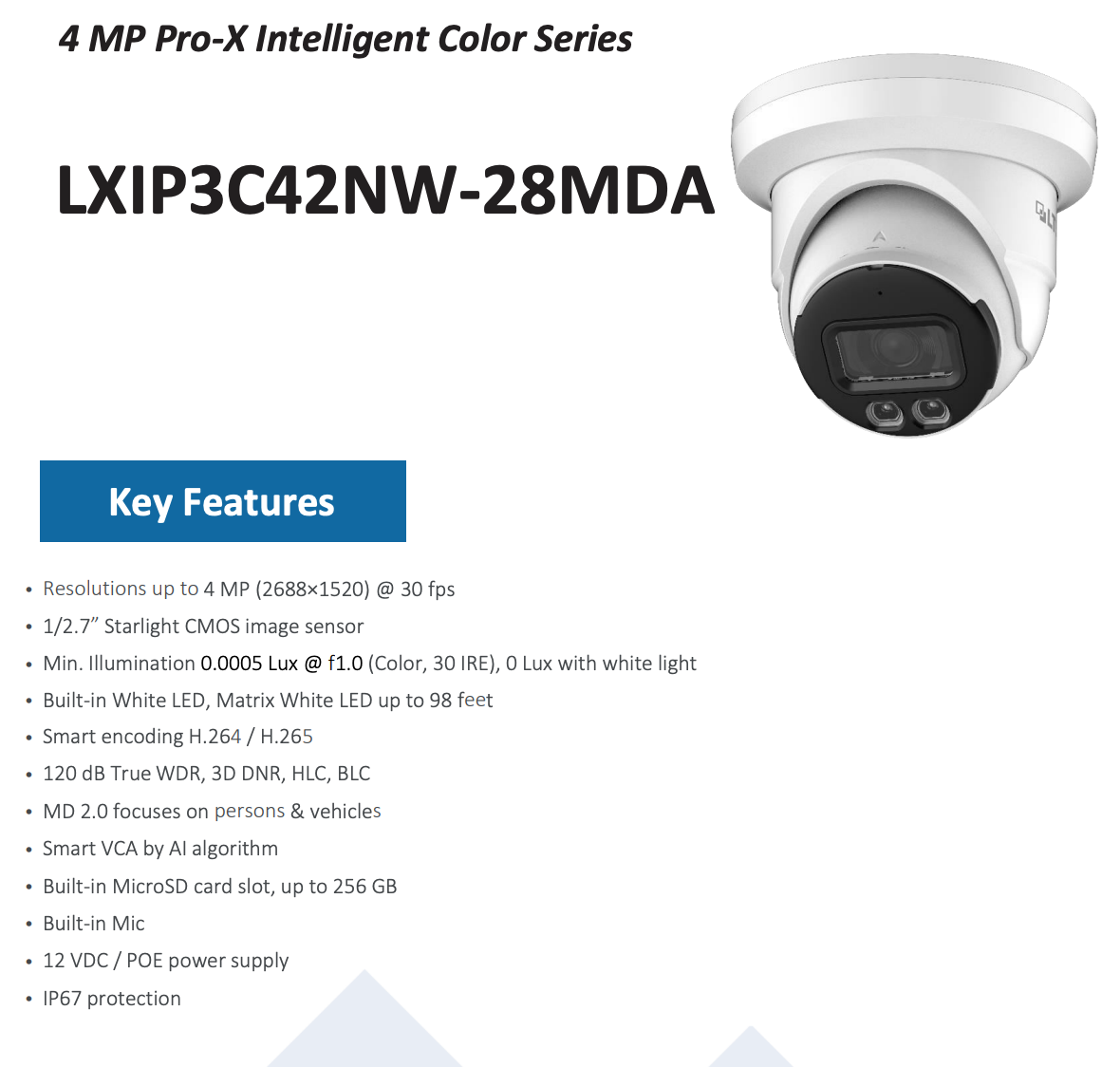 LTS Pro-X LXIP3C42NW-28MDA 4MP IP Full Color 24/7 2.8mm WDR Built-in Mic Ai Turret Camera