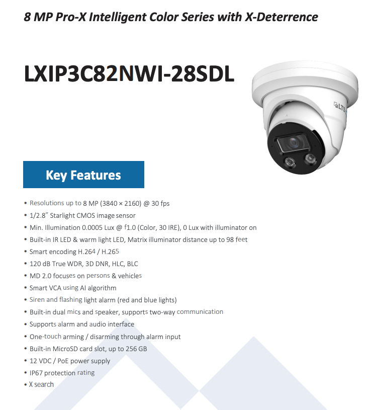LTS Pro-X LXIP3C82NWI-28SDL IP 8MP 2.8mm Color 98ft LED Mic/Speaker Deterrence NDAA Camera Replacement for LXIP3C82W-28MDA