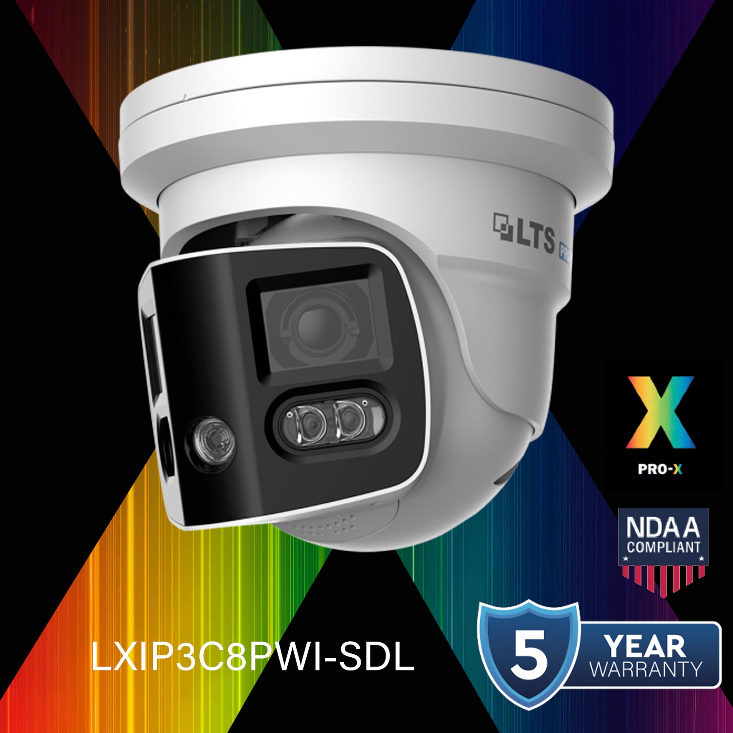 LTS Pro-X LXIP3C8PWI-SDL PRO-X IP 2x4MP 180 Angle Pano Deterrence 2 Ways Audio Ai Camera