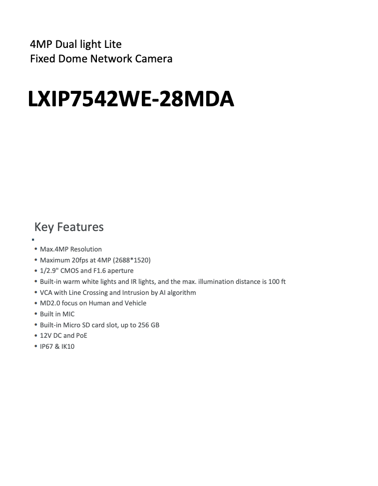 LTS Pro-X LXIP7542WE-28MDA IP 4MP 100ft Color Dual Light Built-In Mic Vandal NDAA Dome Camera