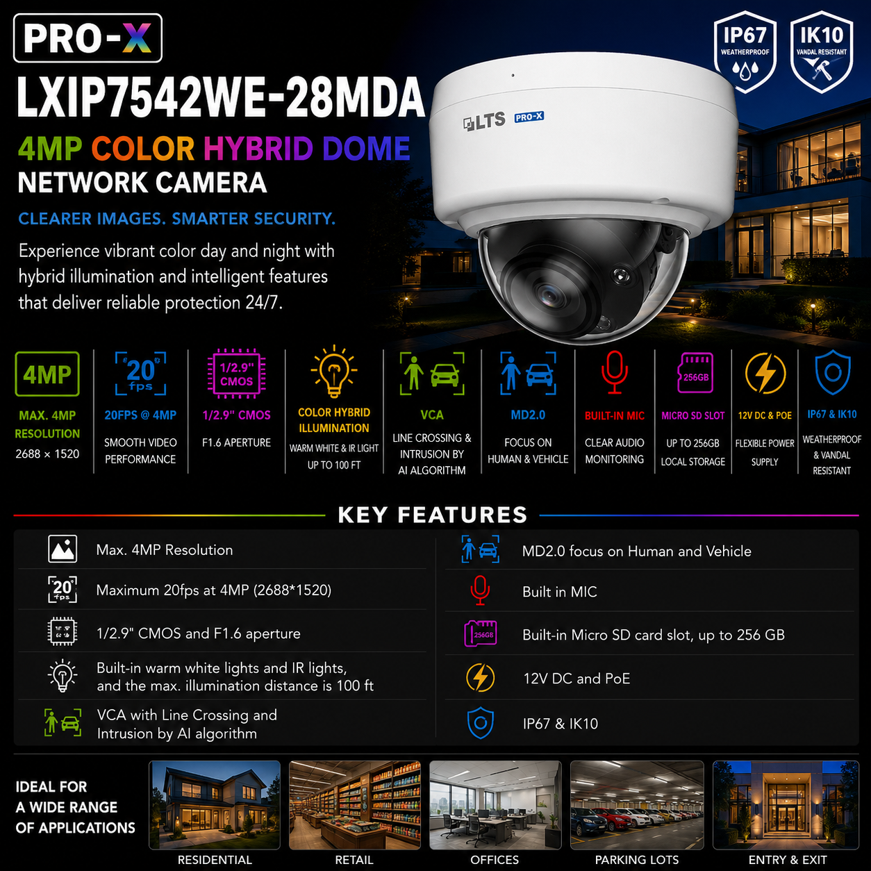 LTS Pro-X LXIP7542WE-28MDA IP 4MP 100ft Color Dual Light Built-In Mic Vandal NDAA Dome Camera