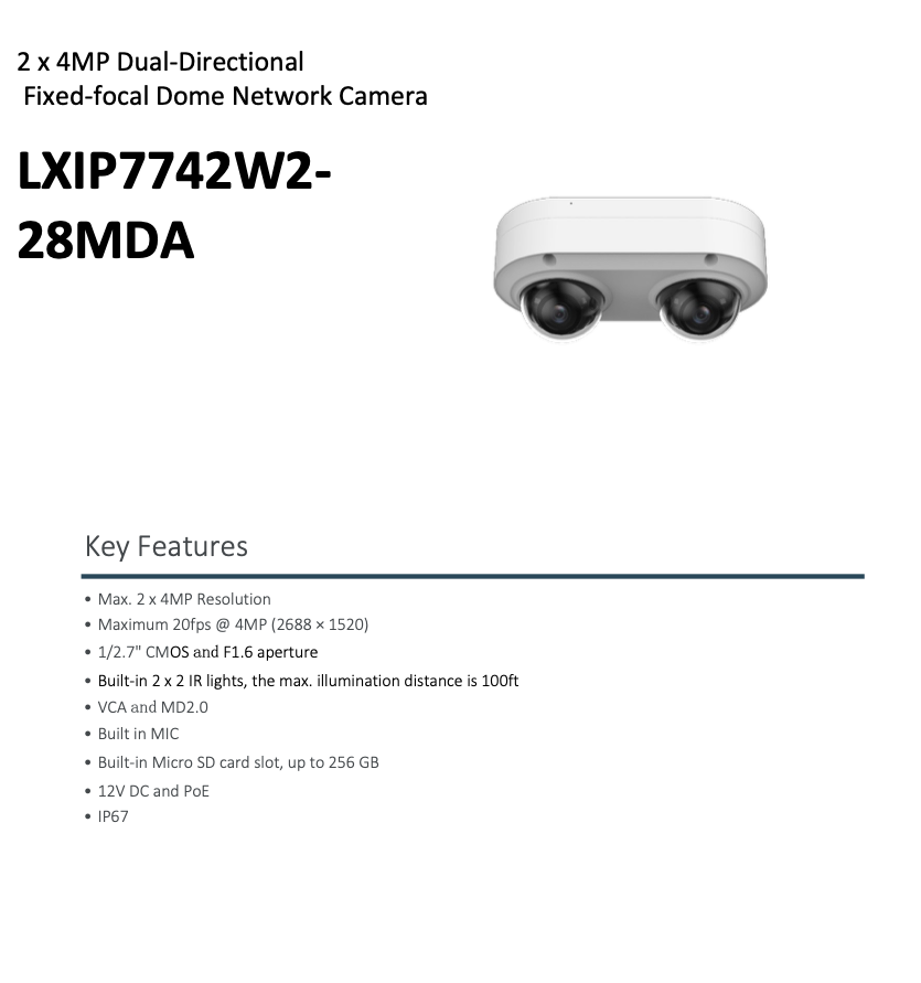 LTS Pro-X LXIP7742W2-28MDA 2x4MP Dual Lens Dome IP Camera PoE 100ft IR Mic Alarm I/O