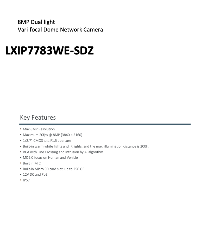 LTS Pro-X LXIP7783WE-SDZ IP 8MP Varifocal 200ft Color Dual-Light Built-In Mic NDAA Dome Camera Replacement for LXIP7783W-SDZ