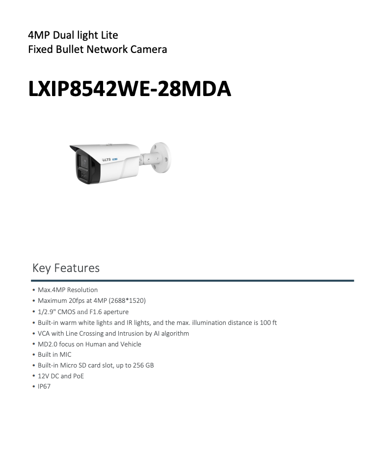 LTS Pro-X LXIP8542WE-28MDA IP 4MP 2.8mm 100ft Color Dual-Light Built-In Mic NDAA Bullet Camera Replacement for LXIP8542W-28MDA