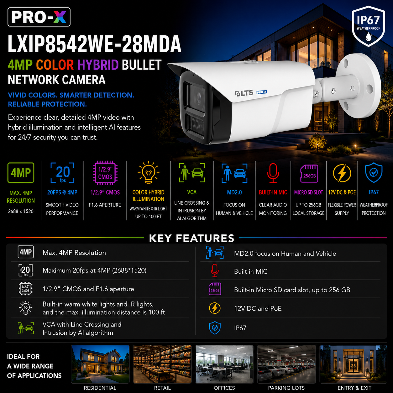 LTS Pro-X LXIP8542WE-28MDA IP 4MP 2.8mm 100ft Color Dual-Light Built-In Mic NDAA Bullet Camera Replacement for LXIP8542W-28MDA