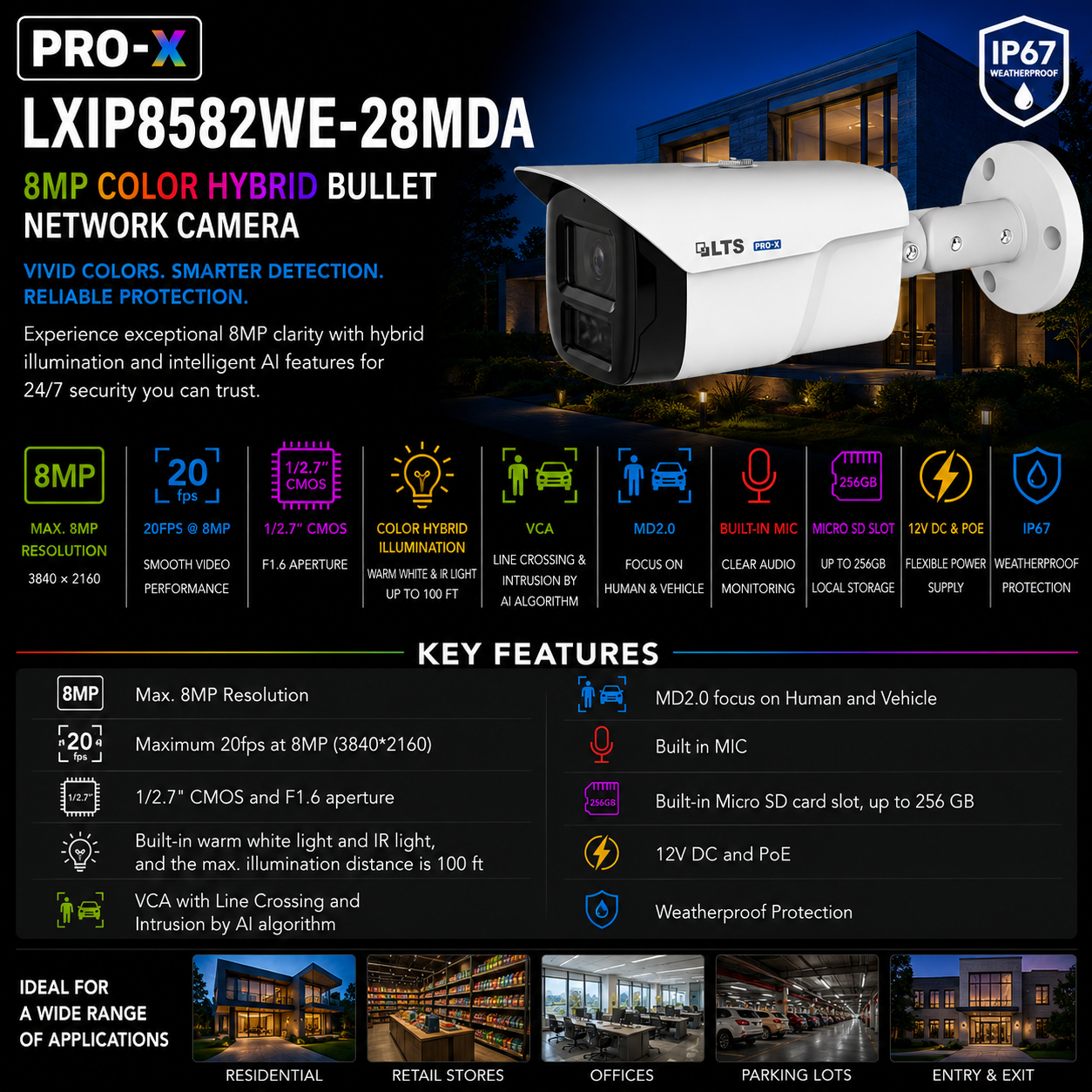 LTS Pro-X LXIP8582WE-28MDA IP 8MP 2.8mm 100ft Color Dual-Light Built-In Mic NDAA Bullet Camera Replacement for LXIP8582W-28MDA, LXIP8182W-28M