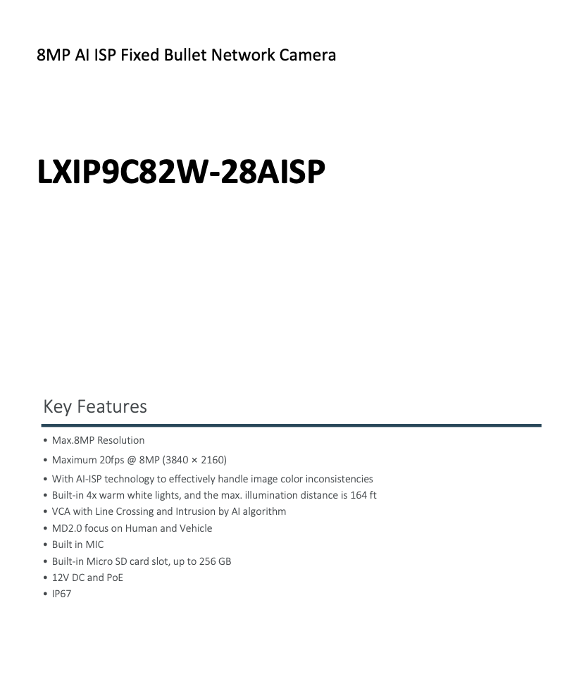 LTS Pro-X LXIP9C82W-28AISP IP 8MP/4K 20fps AI ISP Full Color 164ft Light Mic Bullet Camera