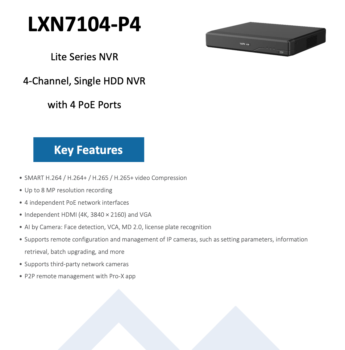 LTS Pro-X LXN7104-P4 4CH IP Up to 8MP 4 Port PoE Ai Face Detection 4K HDMI NDAA NVR