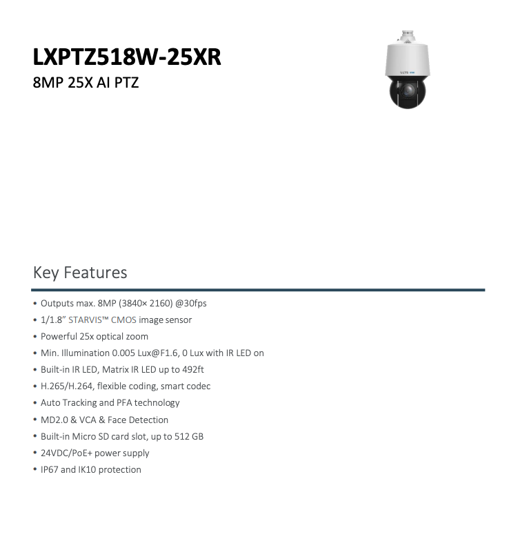 LTS Pro-X LXPTZ518W-25XR IP 8MP/4K 25x Zoom 492ft LED Auto Tracking Ai PTZ Dome Camera