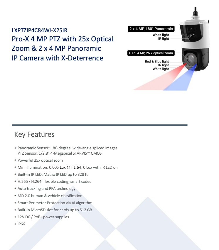 LTS Pro-X LXPTZIP4C84WI-X25IR IP 4MP 25x Zoom 2 x 4MP Pano 328ft LED NDAA Tracking Camera