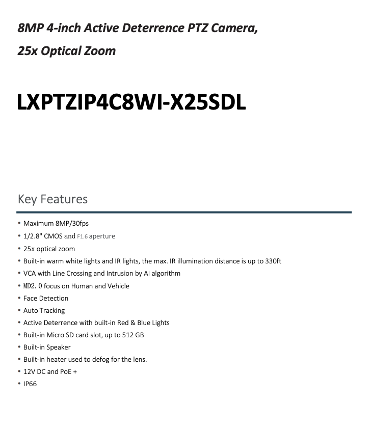 LTS Pro-X LXPTZIP4C8WI-X25SDL IP 8MP Red & Blue Flash Lights Auto-tracking 25x PTZ NDAA Camera