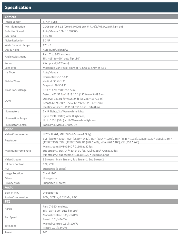 LTS Pro-X LXPTZIP4C8WI-X25SDL IP 8MP Red & Blue Flash Lights Auto-tracking 25x PTZ NDAA Camera