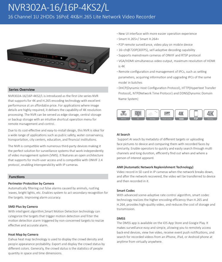 ENS Diamond NVR302A-16/16P-4KS2/L 16CH IP 8MP 160/64 Mbps 16 Port PoE 4K HDMI 2 SATA NVR
