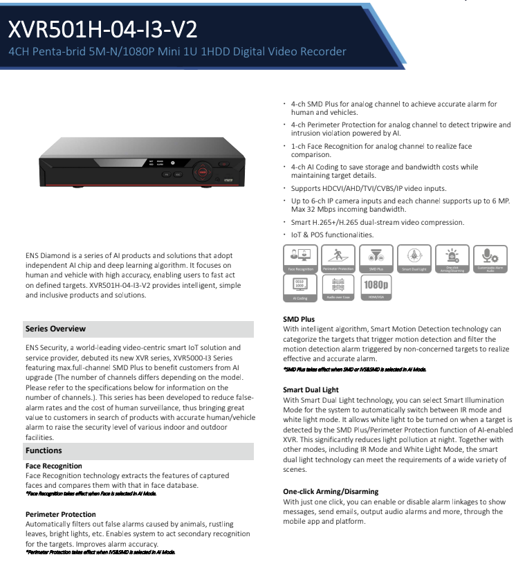 ENS Diamond XVR501H-04-I3-V2 4CH 4MP CVI/AHD/TVI/CVBS+2CH IP 6MP Max 6CH 1080P HDMI DVR