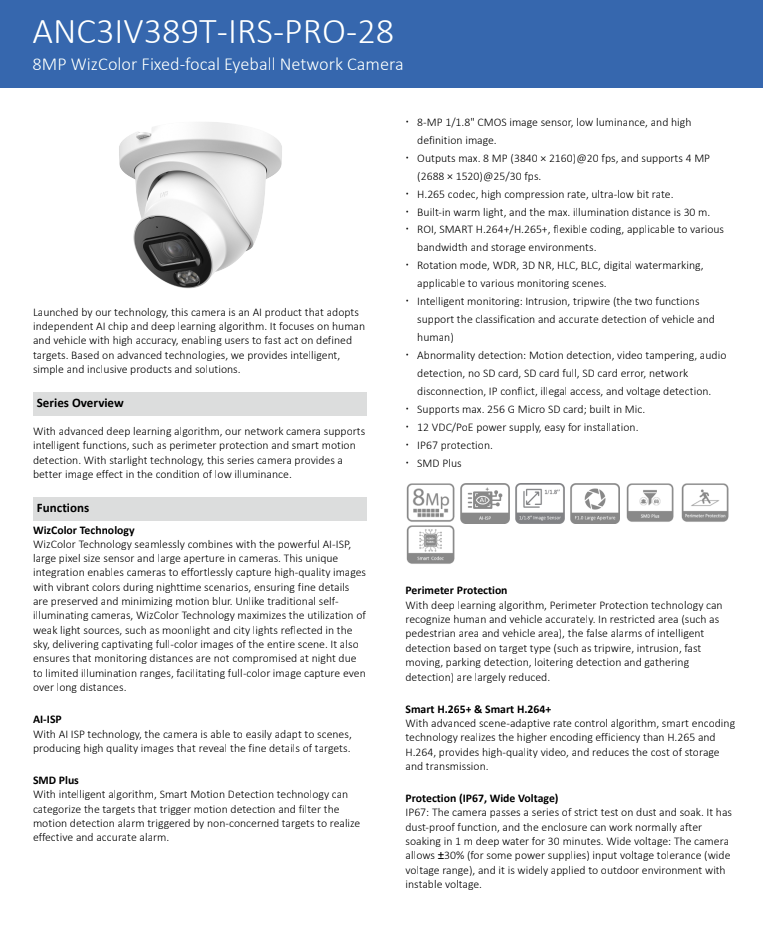 ENS Diamond ANC3IV389T-IRS-PRO-28 IP 8MP/4K 2.8mm Full Color Dual Light AI Turret Camera