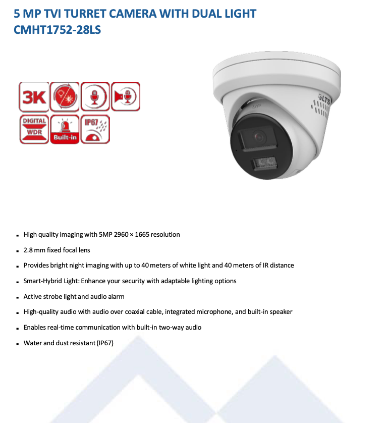 LTS Platinum CMHT1752-28LS TVI 5MP Wide Lens Smart-Hybrid Strobe Light 2 Way Audio Camera