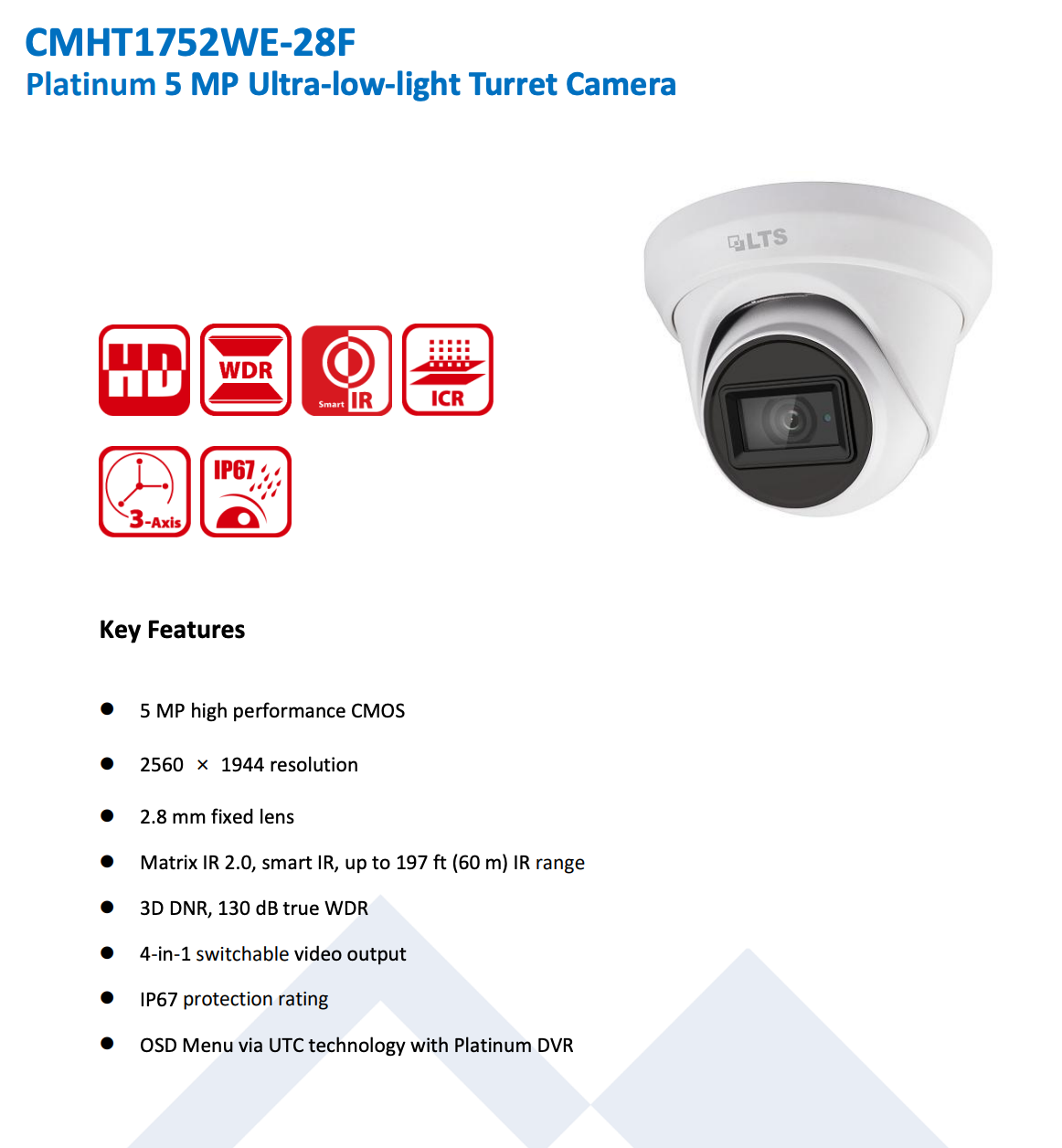 LTS Platinum CMHT1752WE-28F HD TVI 5MP 2.8mm Lens 131ft IR WDR Low-Light 4in1 Turrent Camera