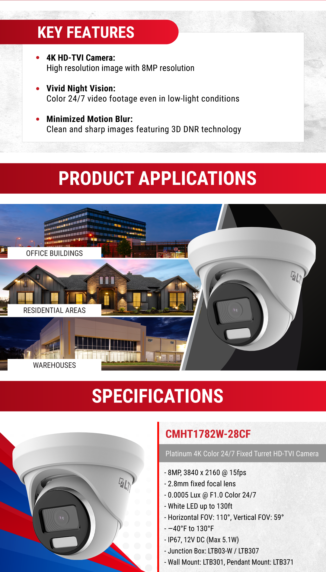 LTS Platinum CMHT1782W-28CF HD-TVI 8MP/4K 247 Full Color 2.8mm WDR 131ft LED Turret Camera