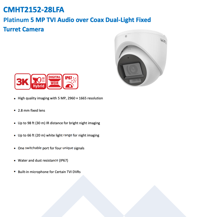 LTS Platinum CMHT2152-28LFA TVI 5MP 2.8mm 4in1 Audio On Coax Dual-Light Turret Dome Camera