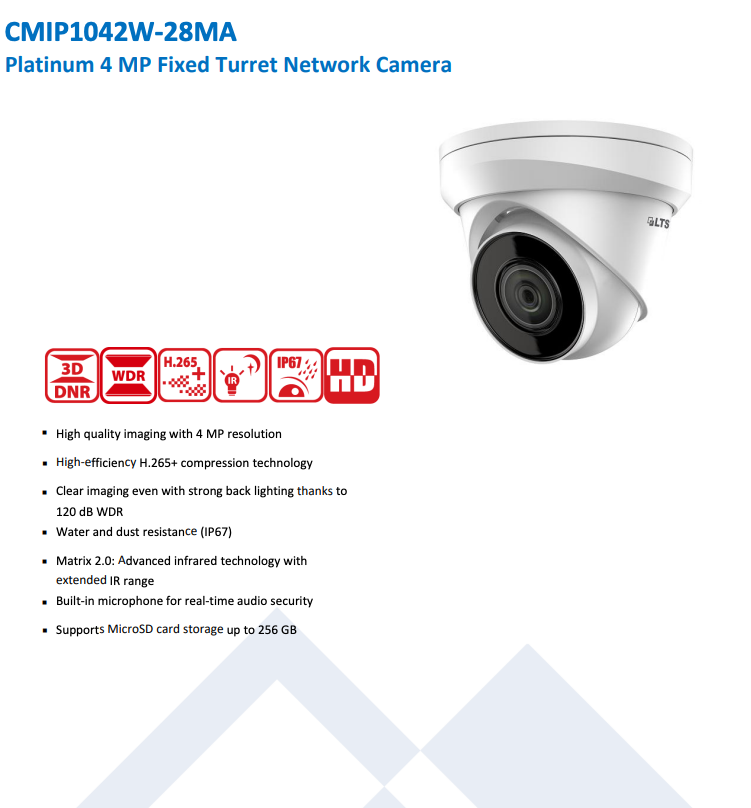 LTS Platinum CMIP1042W-28MA HD IP 4MP 2.8mm Fixed Lens WDR 98ft IR Built-in Mic Turret Camera LTCMIP1042W-28MA Replacement for CMIP1042-28