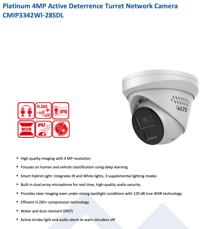 LTS Platinum CMIP3342WI-28SDL IP 4MP 98ft Smart Ai Hybrid Light Active Deterrence Dome Camera LTCMIP3342WI-28SDL Replacement for CMIP3342W-28MD, CMIP3342W-28MA, CMIP3342W-28M, CMIP3342W-28MDA