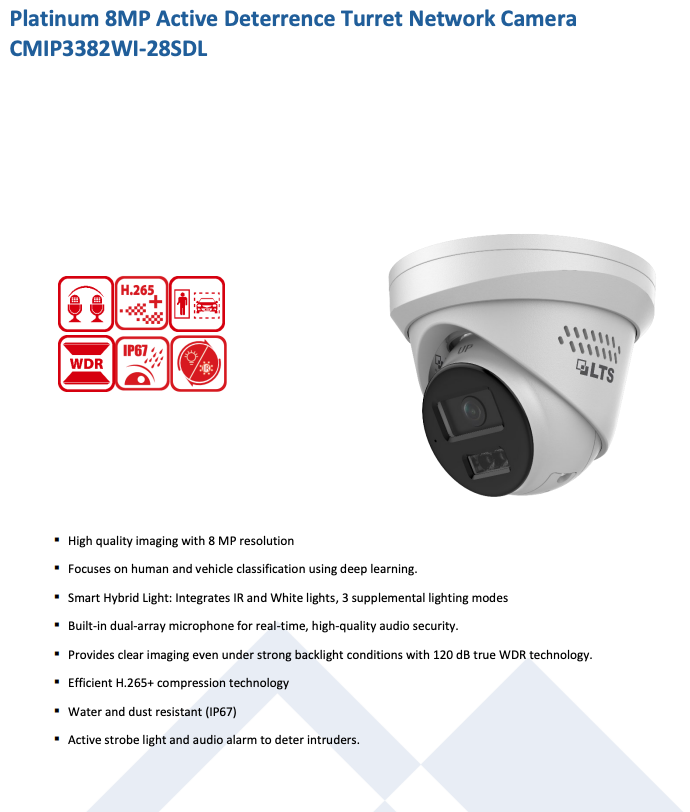 LTS Platinum CMIP3382WI-28SDL IP 8MP/4K 2.8mm Hybrid Light Active Deterrence WDR Dome Camera LTCMIP3382WI-28SDL Replacement for CMIP3382W-28MDA, CMIP3382NW-28MA, CMIP3382NW-28M