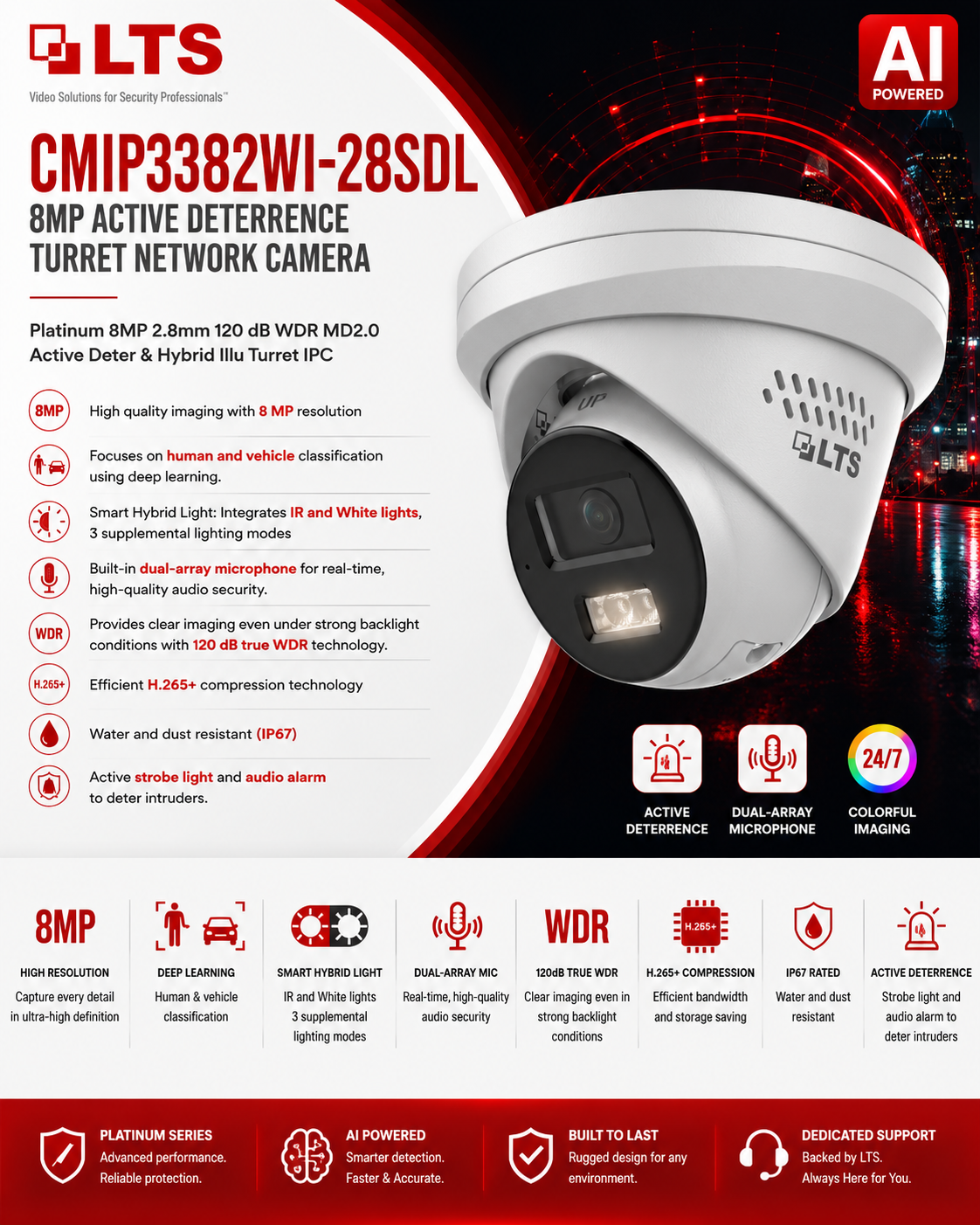 LTS Platinum CMIP3382WI-28SDL IP 8MP/4K 2.8mm Hybrid Light Active Deterrence WDR Dome Camera LTCMIP3382WI-28SDL Replacement for CMIP3382W-28MDA, CMIP3382NW-28MA, CMIP3382NW-28M