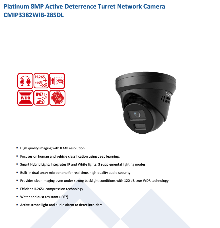 LTS Platinum CMIP3382WIB-28SDL IP 8MP 2.8mm Len Ai Hybrid Light Active Deterrence Dome Camera