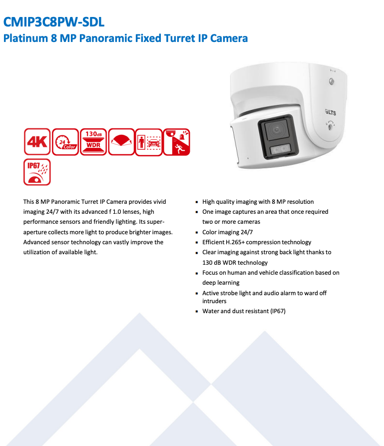 LTS Platinum CMIP3C8PW-SDL HD IP 8MP 180 Panoramic 4mm Full Color 247 WDR Turret Dome Camera