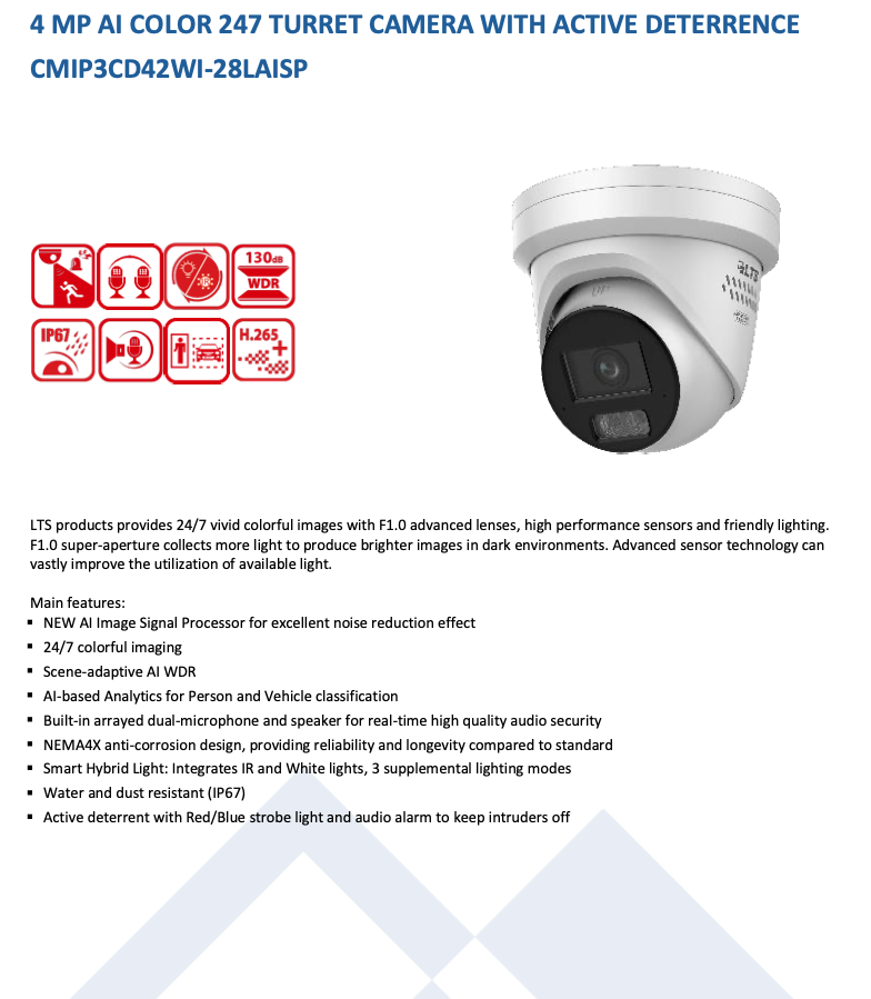 LTS Platinum CMIP3CD42WI-28LAISP IP 4MP Ai Color 247 Active Deterrence Hybrid Light Camera LTCMIP3CD42WI-28LAISP Replacement for CMIP3C42WI-28SDL